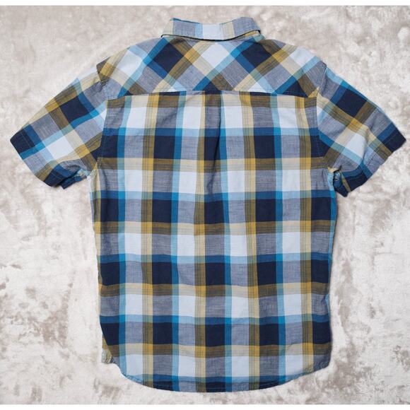 Prana Benton Blue Yellow Plaid Slim Fit Short Sleeve Button Down Shirt Mens L - Picture 2 of 13